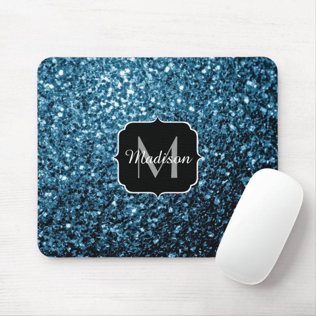 Baby light blue faux glitter sparkles Monogram Mouse Pad (With Mouse)