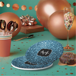 Baby light blue faux glitter sparkles Monogram Paper Plate
