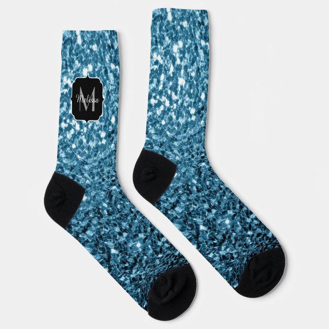 Baby light blue faux glitter sparkles Monogram Socks (Right)