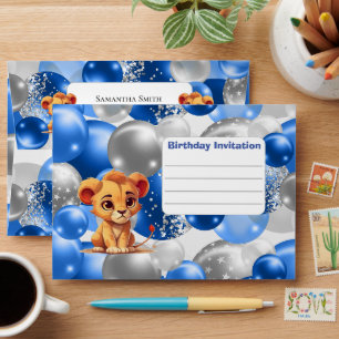 Baby Lion Birthday Invitation Blue Envelope