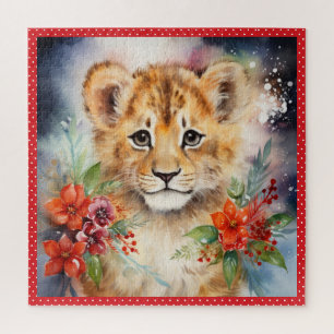 Baby Lion Cub Christmas Large Square Jigsaw Puzzle
