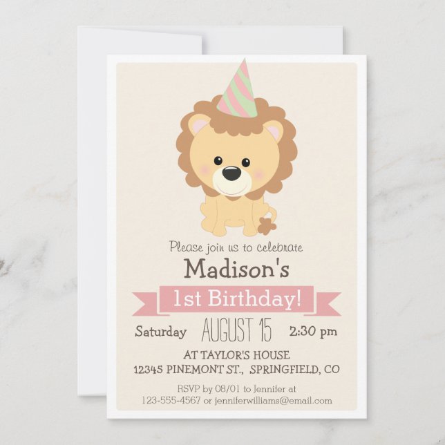 Baby Lion Girl's Birthday Party Invitation (Front)