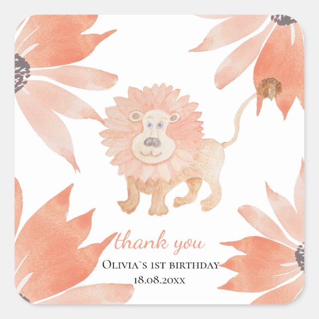 Baby Lion Watercolor Hand-painted Square Sticker (Front)