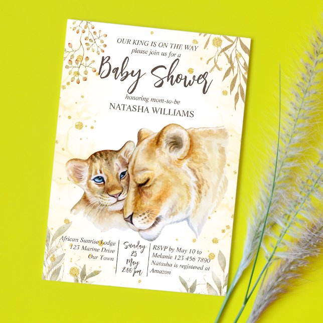 Baby lion yellow gold brown baby shower invite (Creator Uploaded)