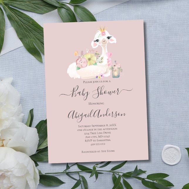 Baby Llama White Pink Flowers Baby Shower Invitation (Llama Pink White Baby Shower Invitation)