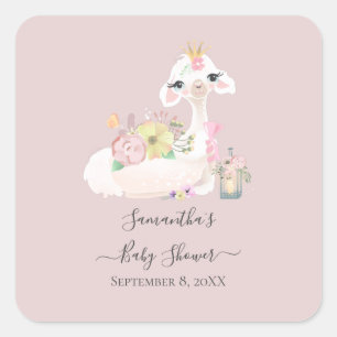 Baby Llama with White and Pink Flowers Adorable Square Sticker