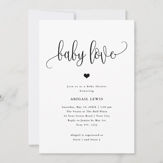 Baby Love Black/White Calligraphy Baby Shower Invitation (Front)