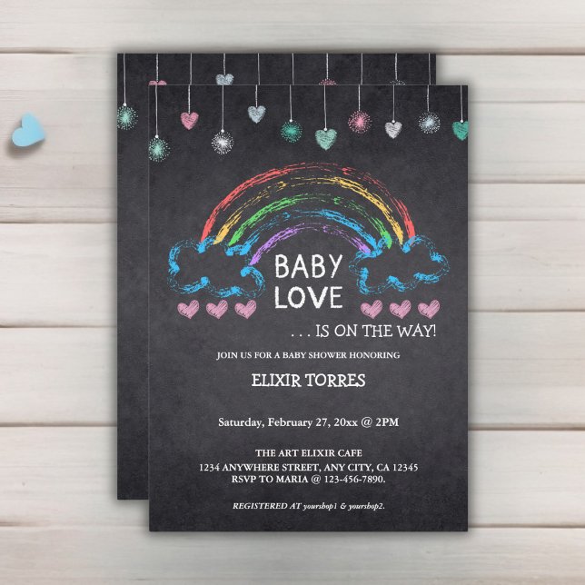 Baby Love Chalkboard Hearts & Rainbow Baby Shower Invitation (Creator Uploaded)
