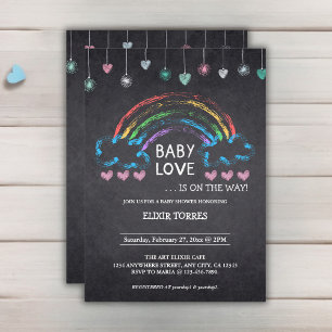 Baby Love Chalkboard Hearts & Rainbow Baby Shower Invitation