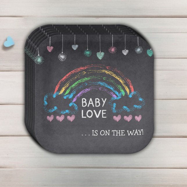 Baby Love Chalkboard Hearts & Rainbow Baby Shower Paper Plate (Creator Uploaded)