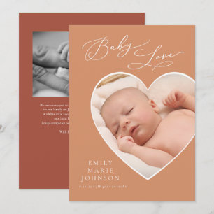 Baby Love Coral Heart Photo Birth Announcement