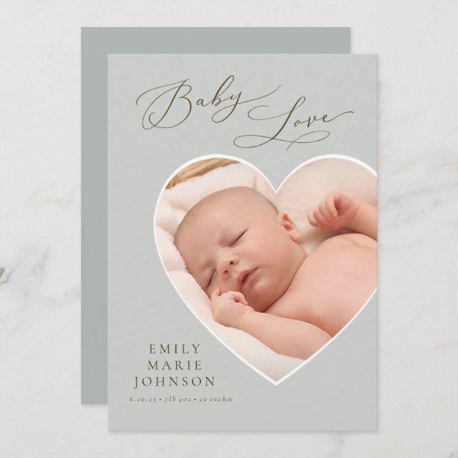 Baby Love Neutral Heart Photo Birth Announcement (Front/Back)