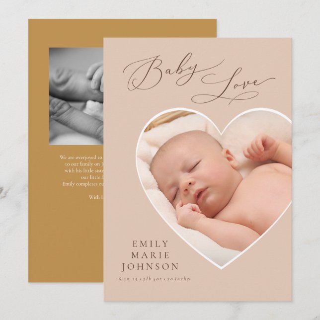 Baby Love Pastel Heart Photo Birth Announcement (Front/Back)