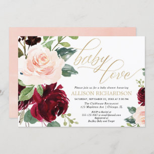 Baby Love pink gold burgundy floral girl shower Invitation