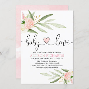 Baby love pink gold heart greenery girl shower invitation