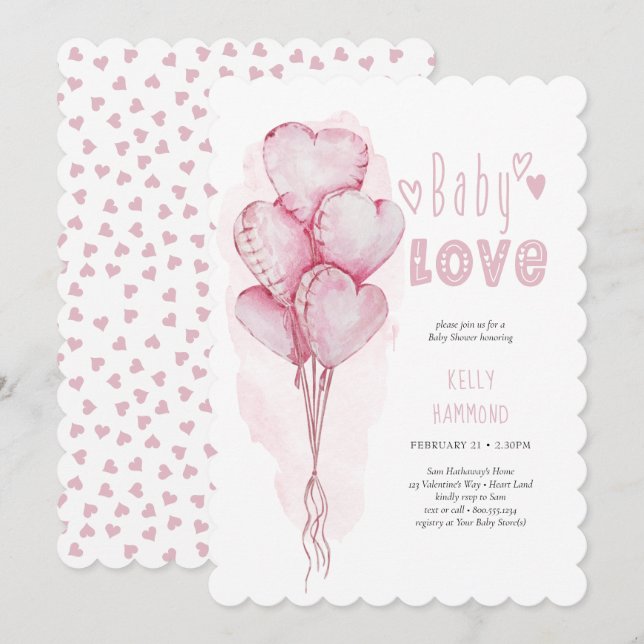 Baby Love Pink Heart Balloons Girl Baby Shower Invitation (Front/Back)