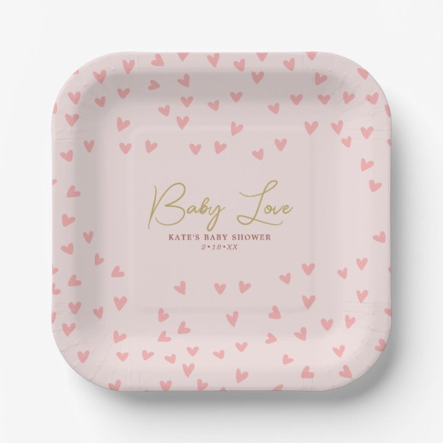Baby Love Pink Hearts Girl Baby Shower Paper Plate (Front)