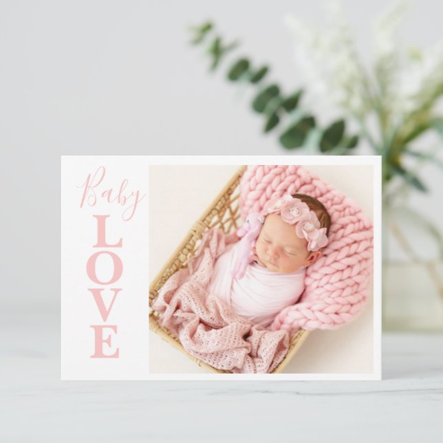 Baby Love Pink Typography Photo Birth Announcement (Standing Front)
