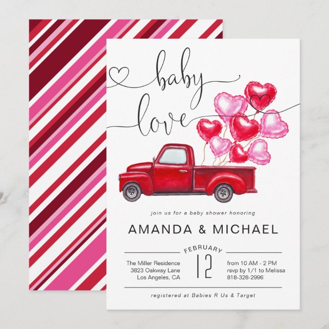 Baby Love | Red Truck Heart Balloons Baby Shower Invitation (Front/Back)