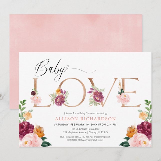 Baby love rose gold burgundy blush girl shower invitation (Front/Back)