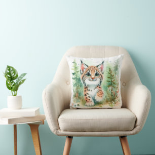 Baby lynx cute playful forest art cushion