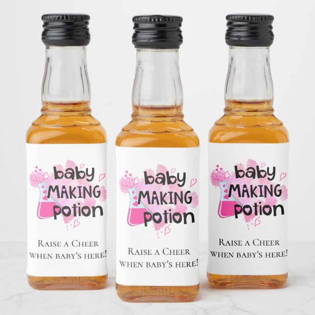 Baby Making Potion Baby Shower Favour Pink Hearts Liquor Bottle Label (Bottles)