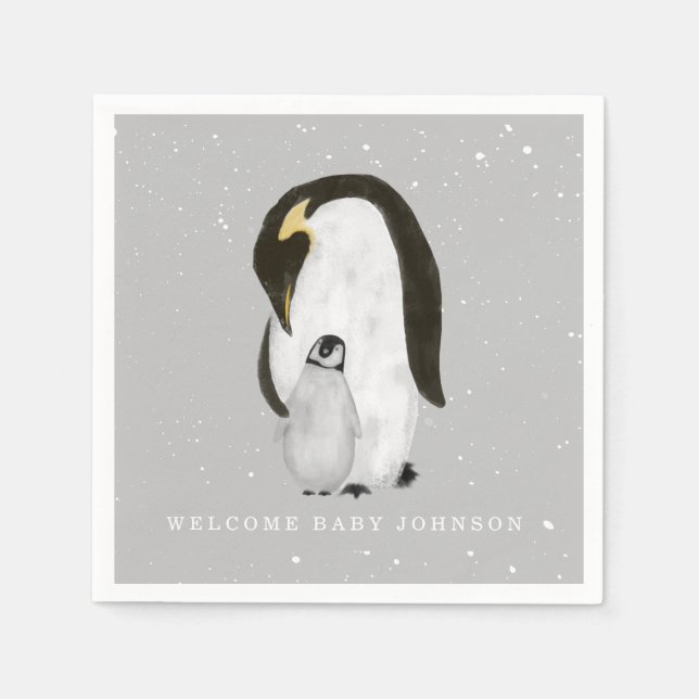 Baby & Mama Penguin Grey Winter Unisex Baby Shower Napkin (Front)