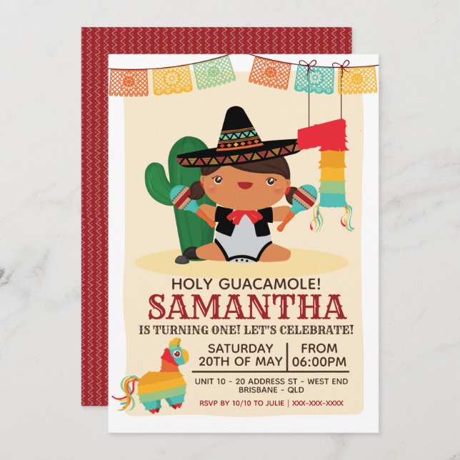 Baby Mariachi Holy Guacamole One Year Invitation (Front/Back)