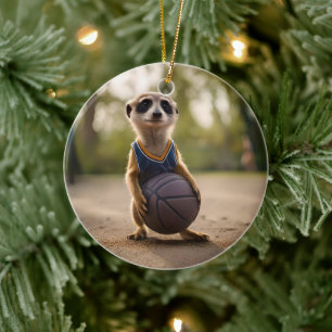 Baby Meerkat Basketball Player,  Ceramic Tree Decoration