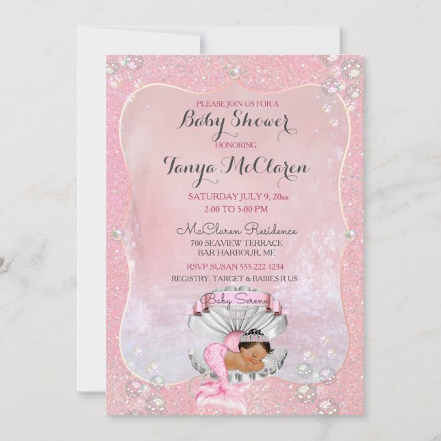 Baby Mermaid Ethnic Pink Shell Pearls Invitation (Front)
