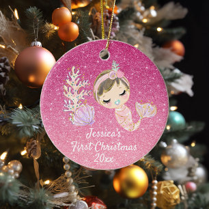 Baby Mermaid First Christmas Glitter pink Ceramic Tree Decoration