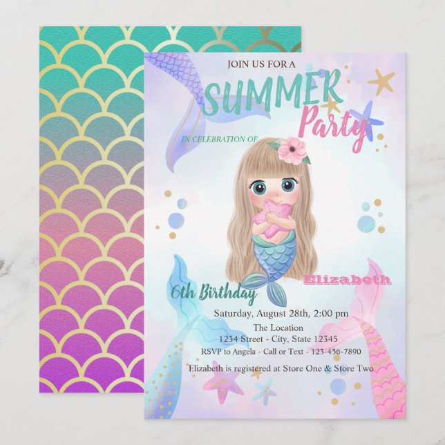 Baby Mermaid Scales Seastars Birthday Party Invitation (Front/Back)