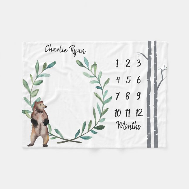 Baby Milestone Blanket Bear Wreath and Birch Trees (Front (Horizontal))