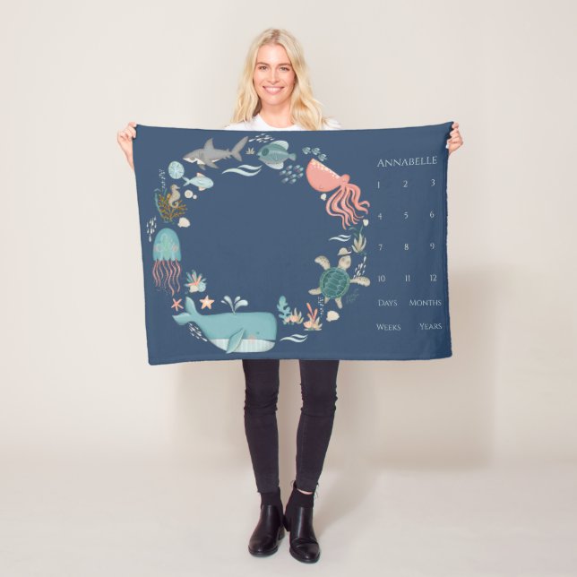 Baby Milestone Blue Under the Sea Animal Wreath Fleece Blanket (In Situ)