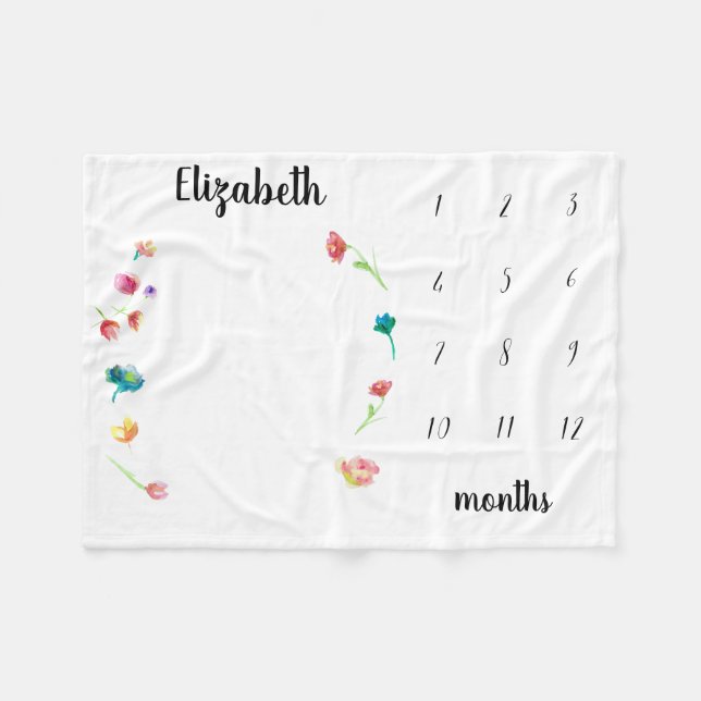 Baby milestone month watercolor flowers fleece blanket (Front (Horizontal))