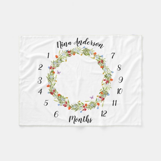 baby milestone with field flowers and butterflies fleece blanket (Front (Horizontal))