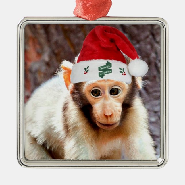 Baby Monkey at Christmas Metal Tree Decoration (Front)