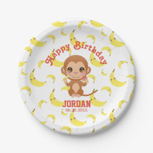 Baby Monkey Banana Pattern Happy Birthday Paper Plate