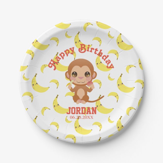 Baby Monkey Banana Pattern Happy Birthday Paper Plate (Front)