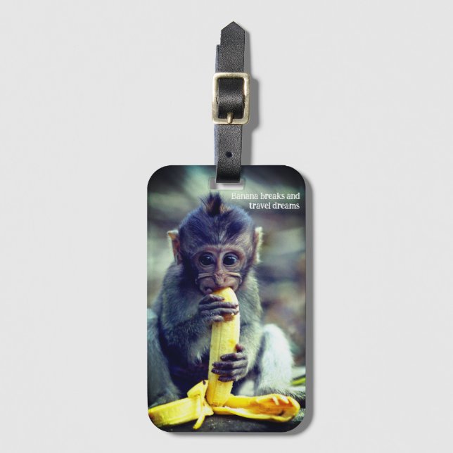 Baby Monkey Eating Banana Luggage Tag (Front Vertical)