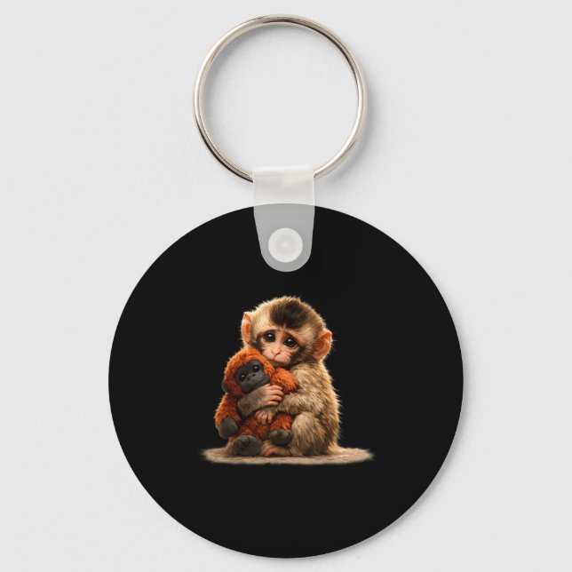 Baby monkey hugging plush cute japanese macaque key ring (Front)