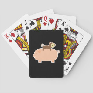 Baby Monkey Riding Backwards on a Pig Playing Cards