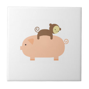 Baby Monkey Riding Backwards on a Pig Tile