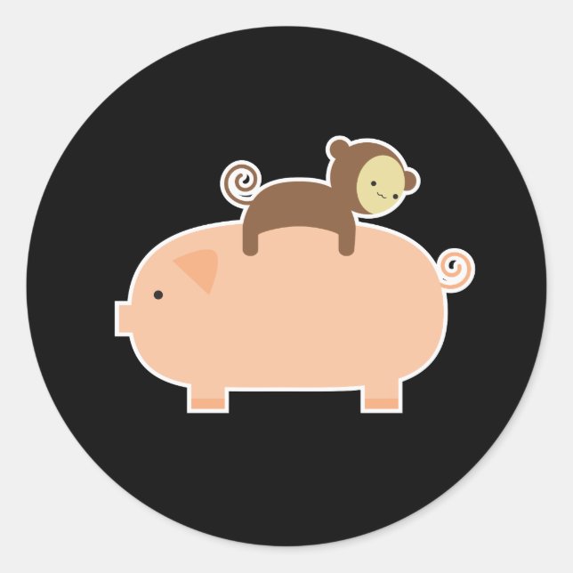 Baby Monkey Riding on a Pig Classic Round Sticker (Front)