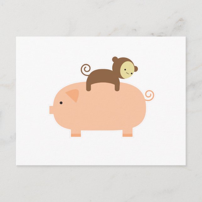 Baby Monkey Riding on a Pig Postcard (Front)