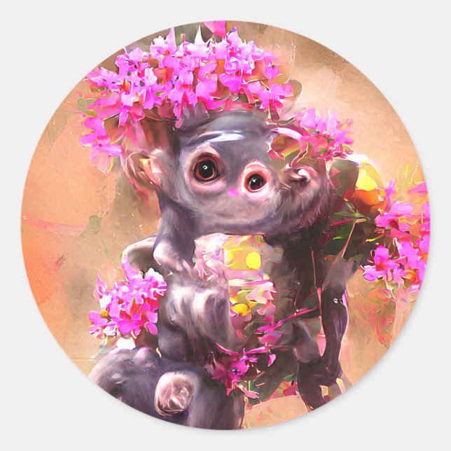 Baby Monkey with Flowers Classic Round Sticker (Front)