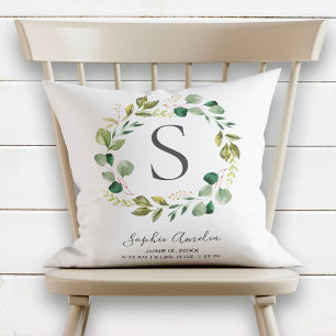 Baby Monogram Birth Stats Eucalyptus Leafy Wreath Cushion