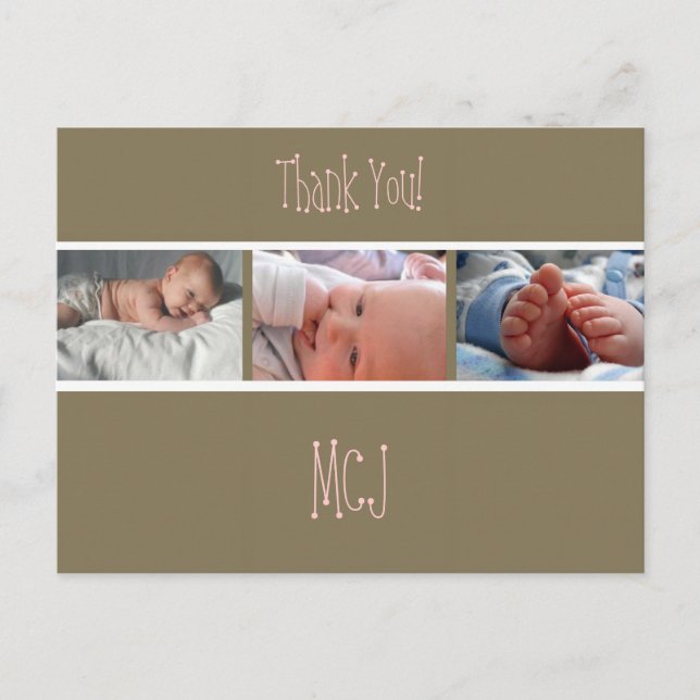 Baby monogram thank you, insert your photos announcement postcard (Front)