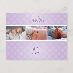 Baby monogram thank you, polka dots announcement postcard