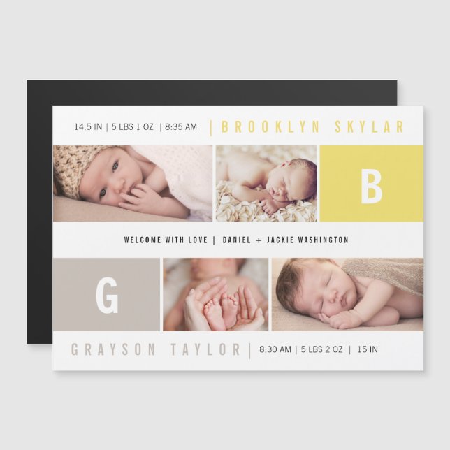 Baby Monograms Twins 4 Photo Birth Announcement (Front/Back)